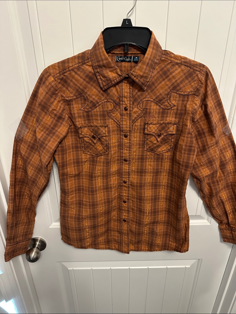 Cruel Girl Orange Brown Plaid Western Snap-Front Shirt